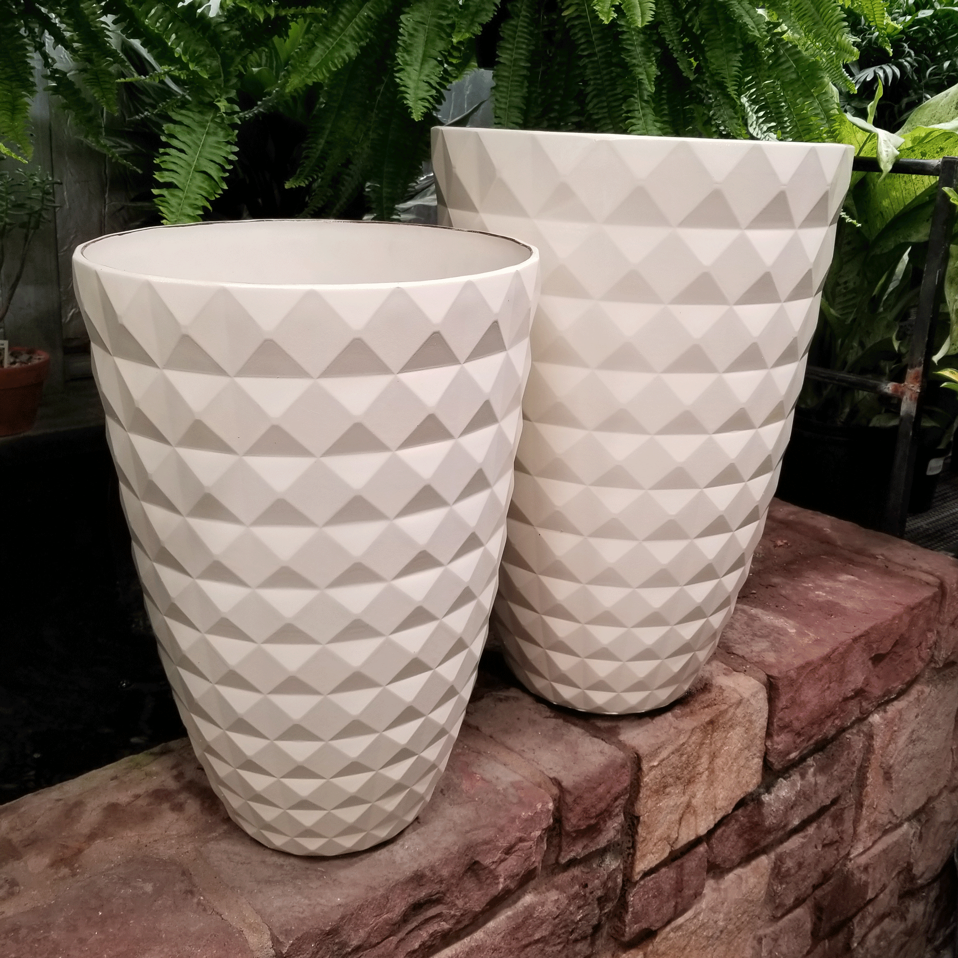 tall white diamond pots  Gasper Landscape Design 